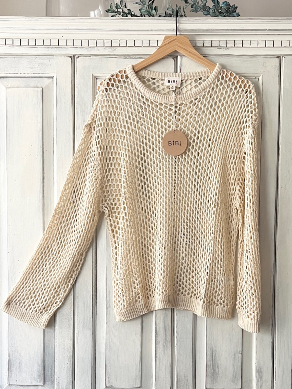 🟠NWT BIBI Open Knit Drop Shoulder Pullover in Cream MED - Picture 9 of 11